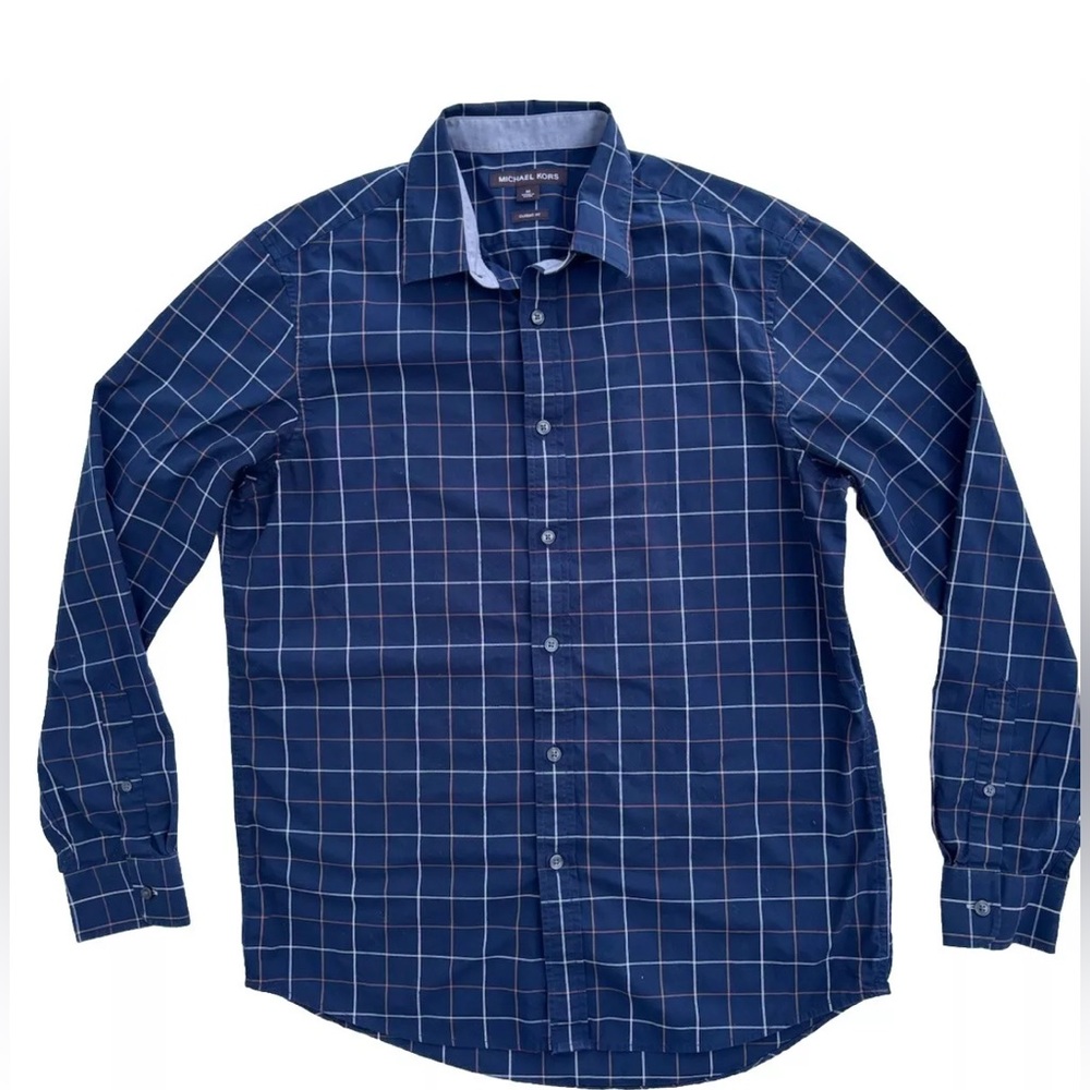 Michael Kors Men's Classic Fit Plaid Dress Shirt Navy Blue Size M‎